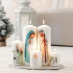 Presépio de Natal artesanal em velas pintadas à mão com Sagrada Família, Reis Magos e Burrinho