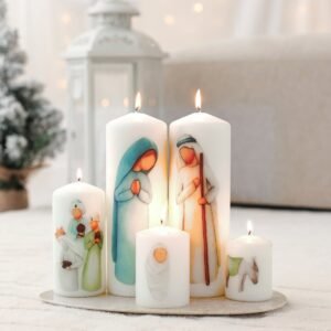 Presépio de Natal artesanal em velas pintadas à mão com Sagrada Família, Reis Magos e Burrinho