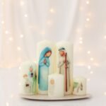Presépio de Natal artesanal em velas pintadas à mão com Sagrada Família, Reis Magos e Burrinho