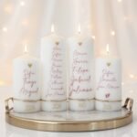 Vela pinheiro de Natal com seis palavras: Paz, Amor, Saúde, Família, Gratidão e Esperança