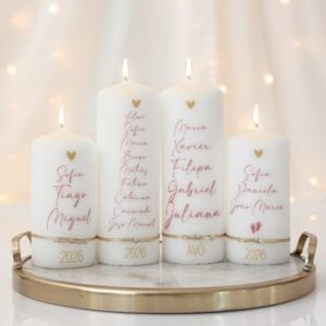 Vela pinheiro de Natal com seis palavras: Paz, Amor, Saúde, Família, Gratidão e Esperança