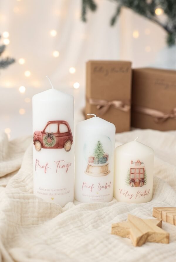 Vela personalizada de Natal com monograma e mensagem, em três tamanhos